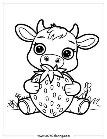 Cute calf holding a big strawberry, sitting in a field with flowers.