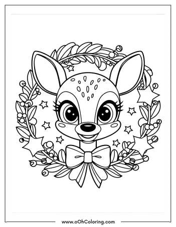 Coloring page of a cute deer with big eyes adorned by a festive wreath.