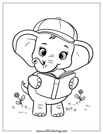 A cute elephant with a cap reading a book in a coloring page.