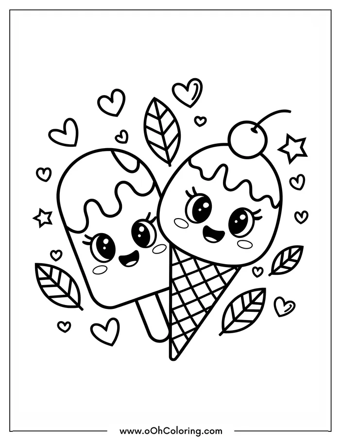 Cute popsicle and ice cream cone with smiling faces surrounded by hearts and stars.