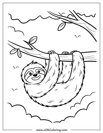 Cute sloth hanging from a branch coloring page