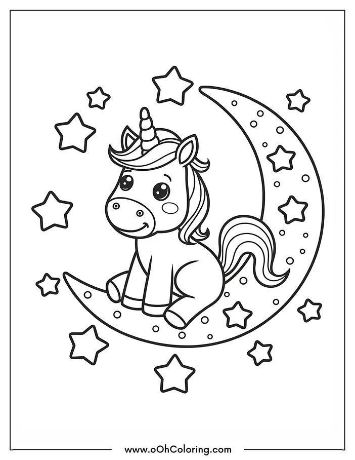 A cute unicorn sitting on a crescent moon with stars around.