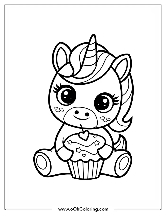 A cute unicorn with big eyes holding a cupcake coloring page.