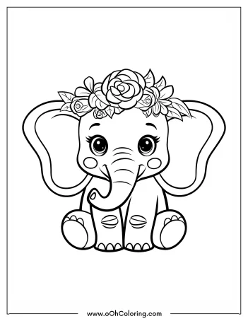 A black and white illustration of a baby elephant with a flower crown designed for coloring.