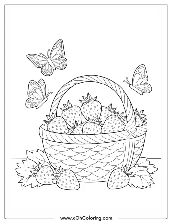 Basket of strawberries with butterflies coloring page
