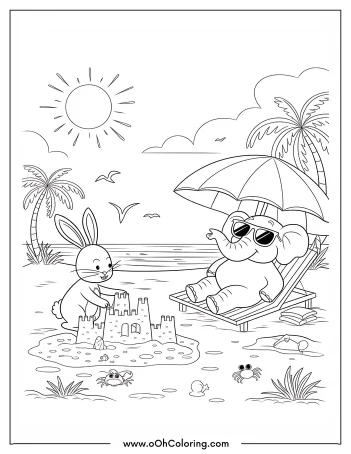Elephant and rabbit enjoying a day at the beach with a sandcastle.
