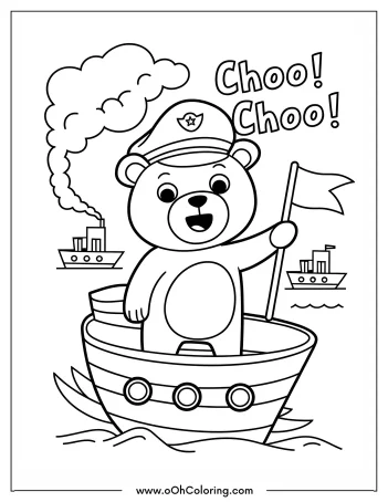 Cartoon bear dressed as a captain on a boat with two steamships and the words 'Choo! Choo!'