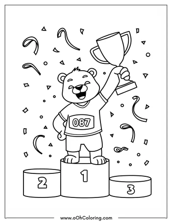 Bear on a podium holding a trophy with confetti.
