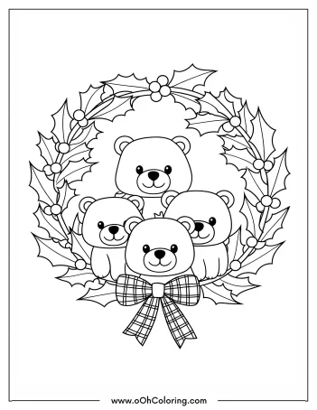 Bear family enclosed in a holly-decorated wreath coloring page.