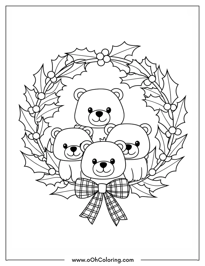 Bear family enclosed in a holly-decorated wreath coloring page.