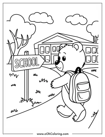 Bear with backpack going to school coloring page