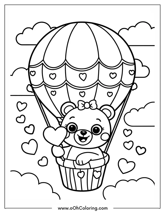 Cute bear in a hot air balloon with hearts and clouds.