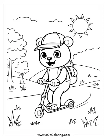 Bear riding a scooter with a backpack and cap in a park.