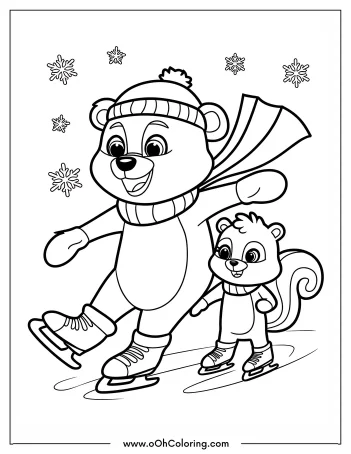 Bear and squirrel ice skating with snowflakes in the background.