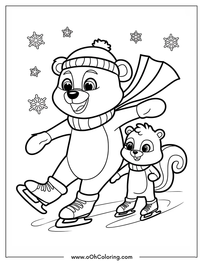 Bear and squirrel ice skating with snowflakes in the background.