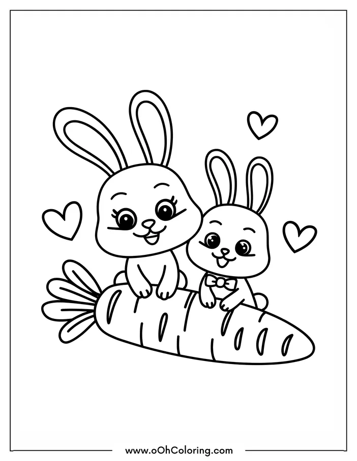 Two bunnies sitting on a carrot with hearts in the background.