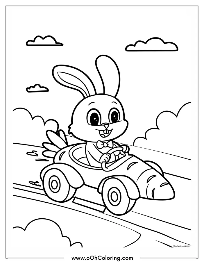 Bunny driving a carrot-shaped car through clouds.