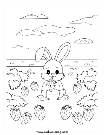 Coloring page of a bunny eating strawberries in a garden with a sky backdrop.