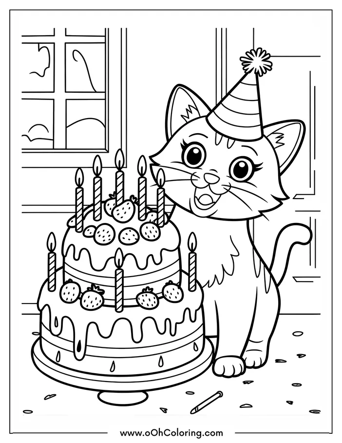 Coloring page with a smiling cat in a party hat next to a birthday cake with candles.