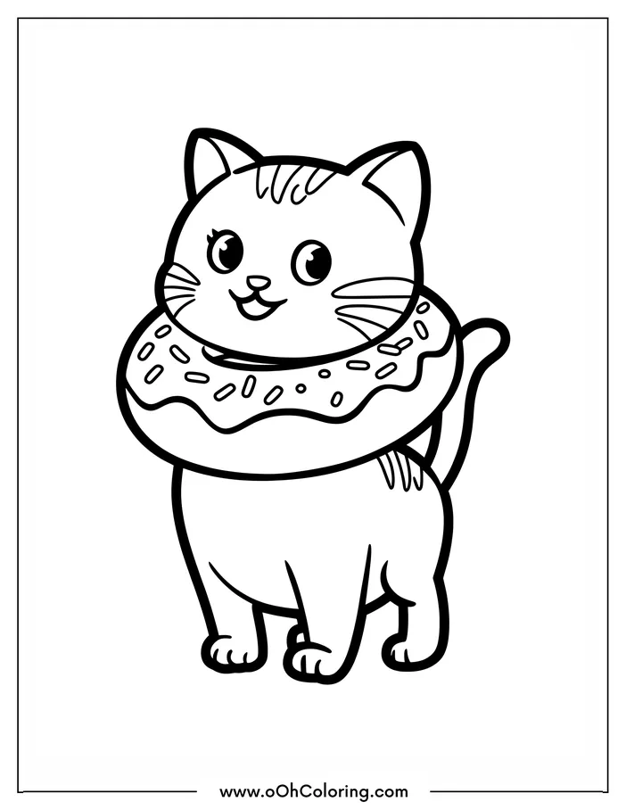 Illustration of a cat with a donut collar for coloring.