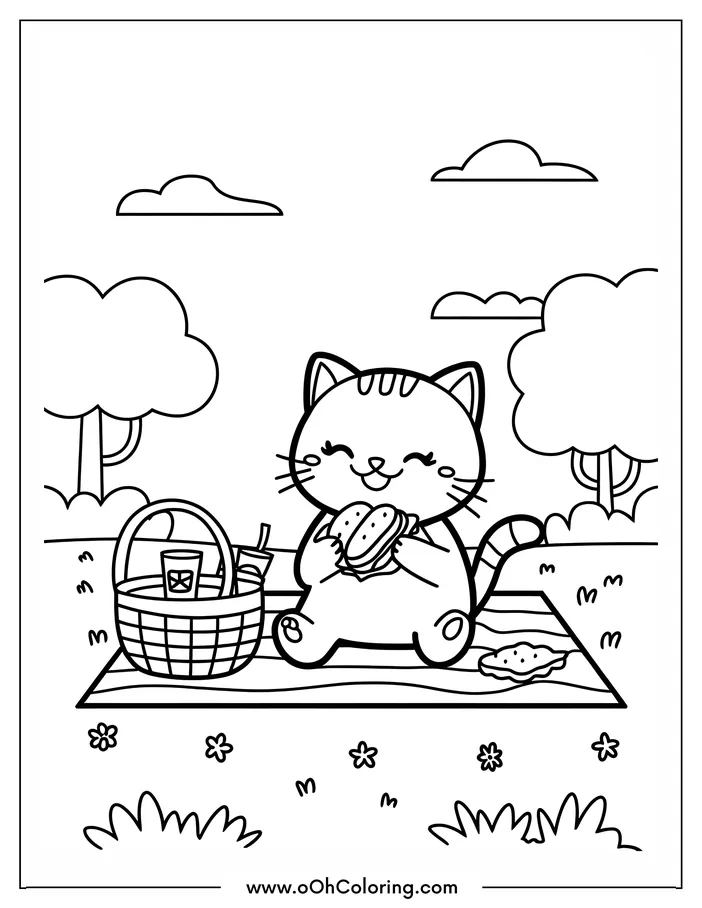 A cat having a picnic with a sandwich and a picnic basket.