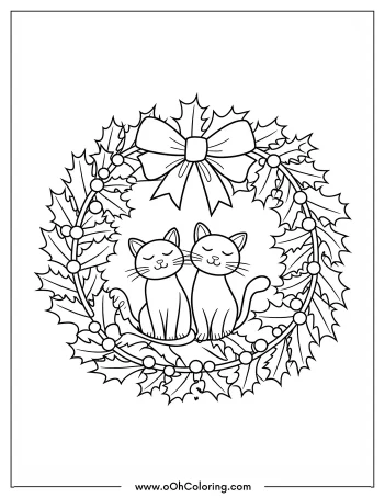 Coloring page of two cats sitting in a Christmas wreath with holly leaves and a ribbon.