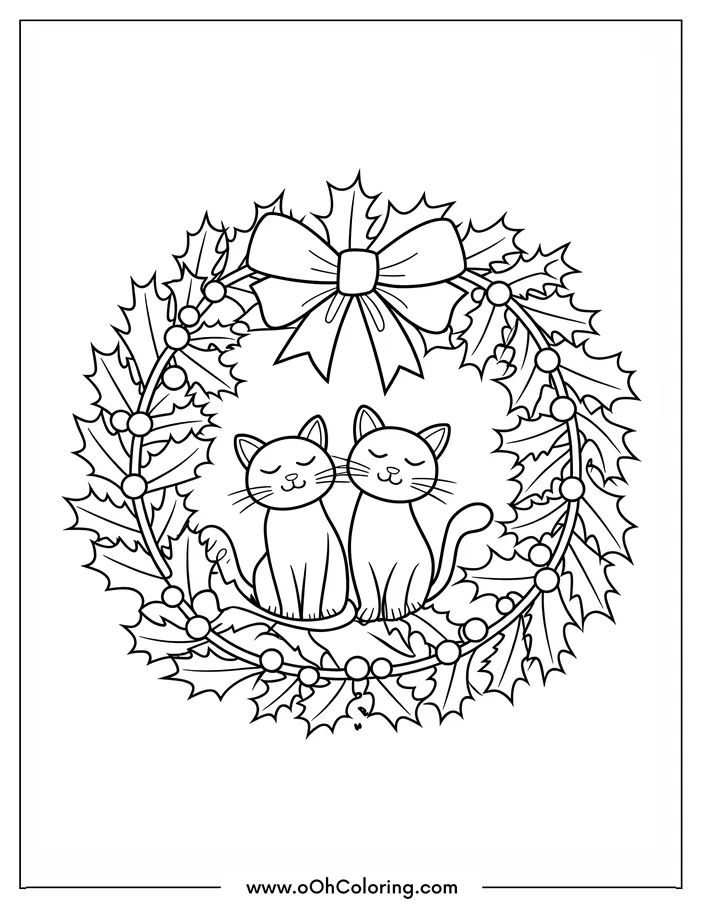 Coloring page of two cats sitting in a Christmas wreath with holly leaves and a ribbon.