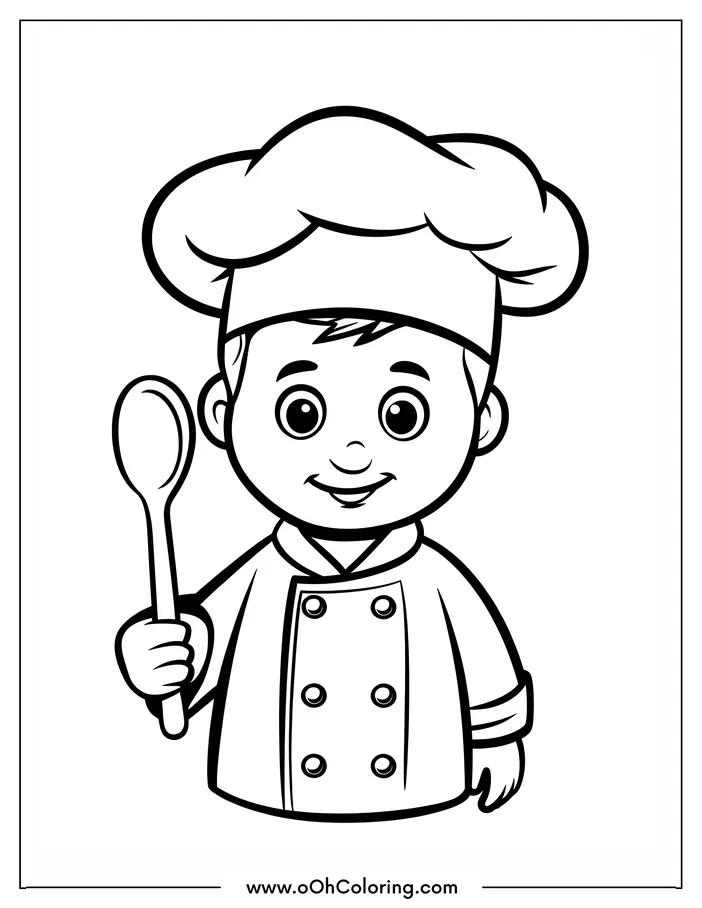 Young chef holding a spoon, wearing chef attire.