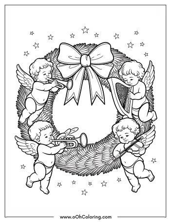 Coloring page with cherubs playing instruments around a Christmas wreath.