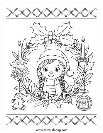 Coloring page of a girl in a Christmas wreath with candles, ornaments, and holly.