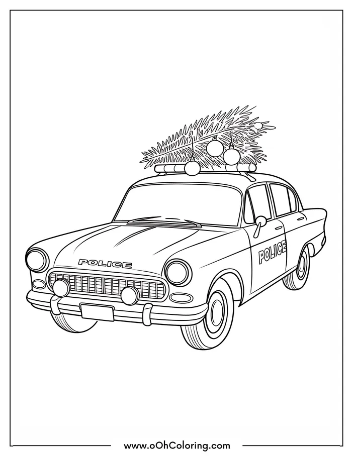 A vintage police car with a Christmas tree on its roof for coloring.