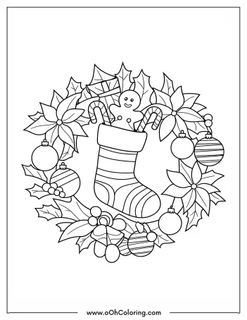 Christmas wreath with poinsettias, baubles, stocking, candy canes, and gingerbread man.