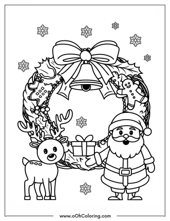 Christmas wreath with Santa Claus, reindeer, and snowflakes.