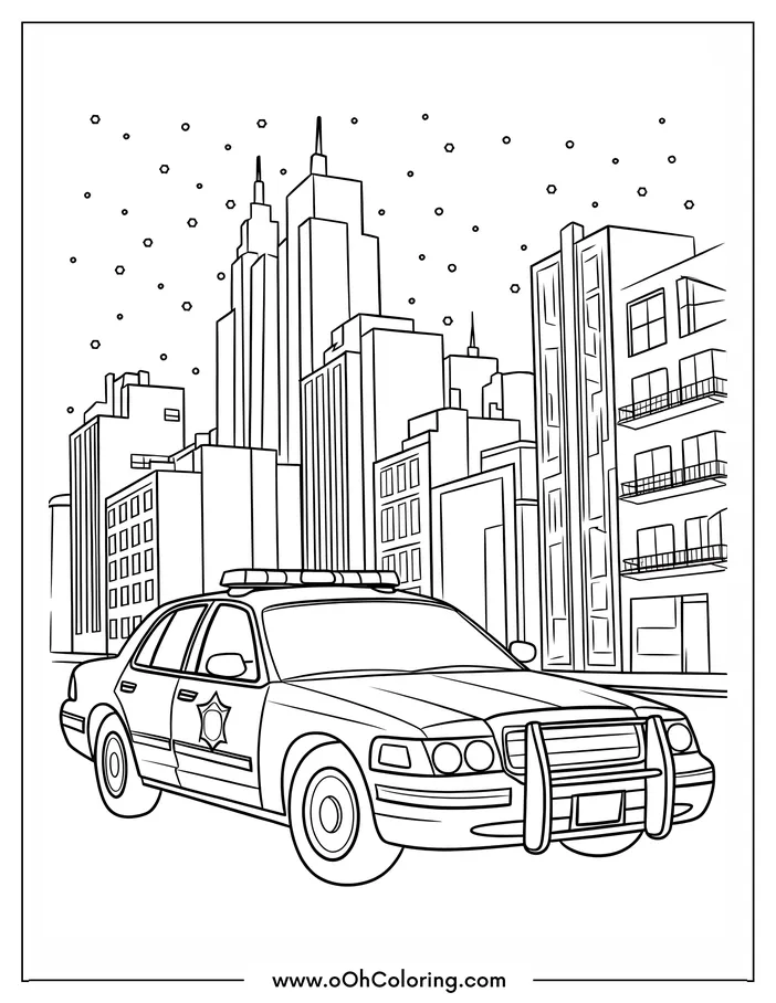 Coloring page of a police car in front of a city skyline at night.