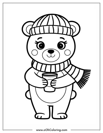 Bear with winter hat and scarf holding a cup coloring page