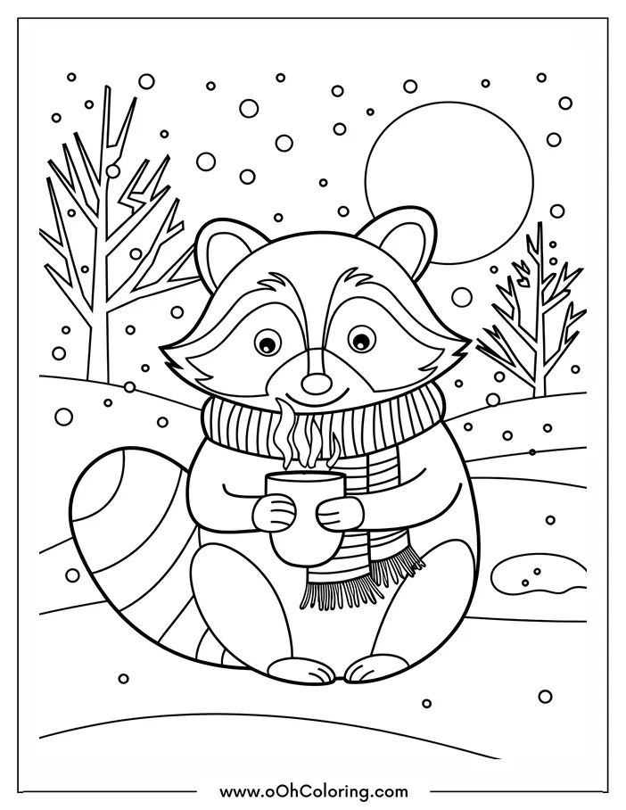 Coloring page with a raccoon in a scarf holding a cup in a snowy background.