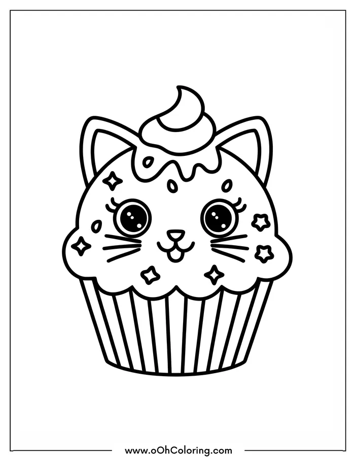 Coloring page of a cupcake with cat features and star decorations.