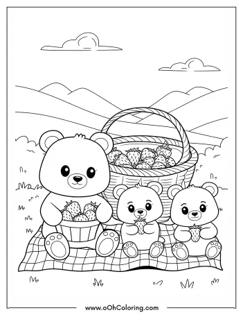 Bear family having a picnic with strawberries in a scenic countryside setting.