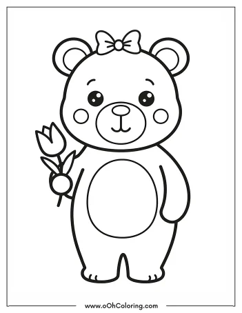 Cute bear holding a flower, wearing a bow, standing upright.
