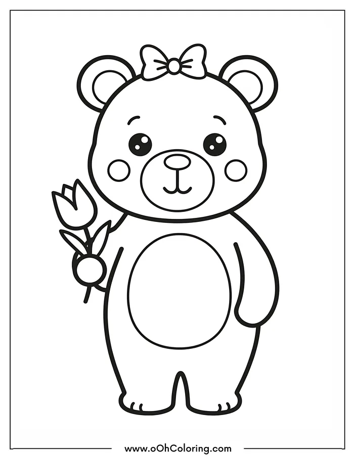 Cute bear holding a flower, wearing a bow, standing upright.