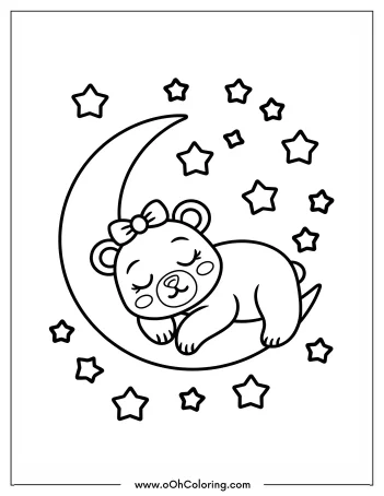 A bear with a bow sleeping on a crescent moon surrounded by stars.