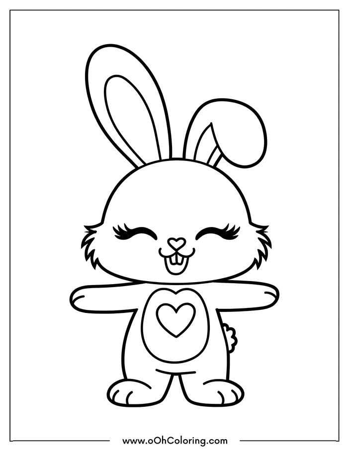 A cartoon bunny with large ears and a heart on its belly for coloring.