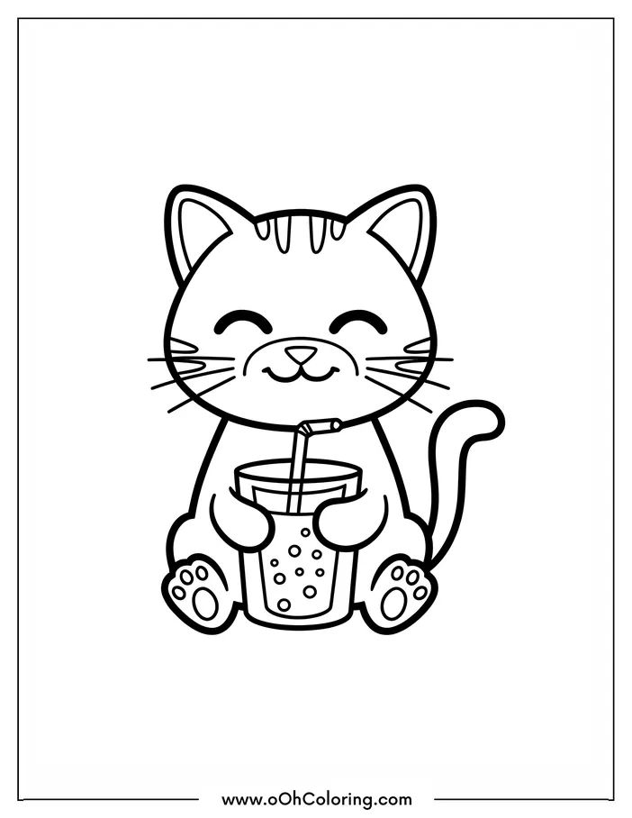 Cute cat holding a glass of bubble tea coloring page.