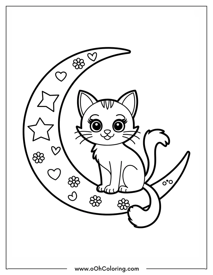 Coloring page with a cute cat sitting on a crescent moon with stars and hearts.