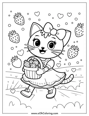 Cat carrying a basket of strawberries with floating hearts and strawberries.