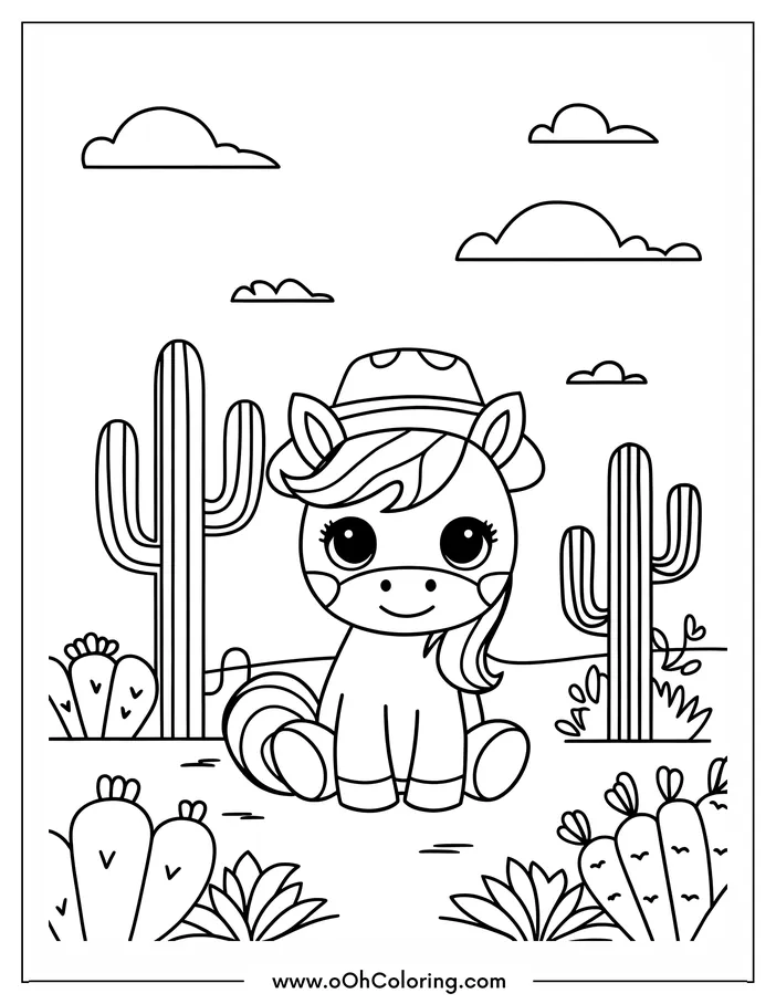 Cute pony with a cowboy hat in a cactus-filled desert coloring page.