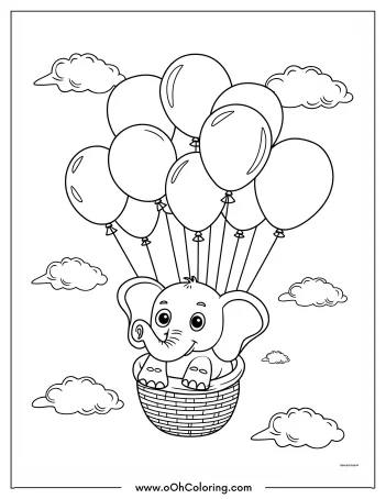 Elephant in a basket with balloons coloring page