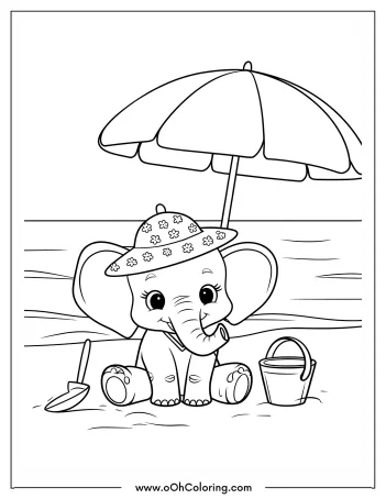 Cute elephant sitting under an umbrella on the beach with a hat, shovel, and bucket.
