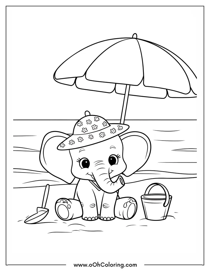 Cute elephant sitting under an umbrella on the beach with a hat, shovel, and bucket.