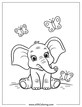 Coloring page of a cute elephant with butterflies.